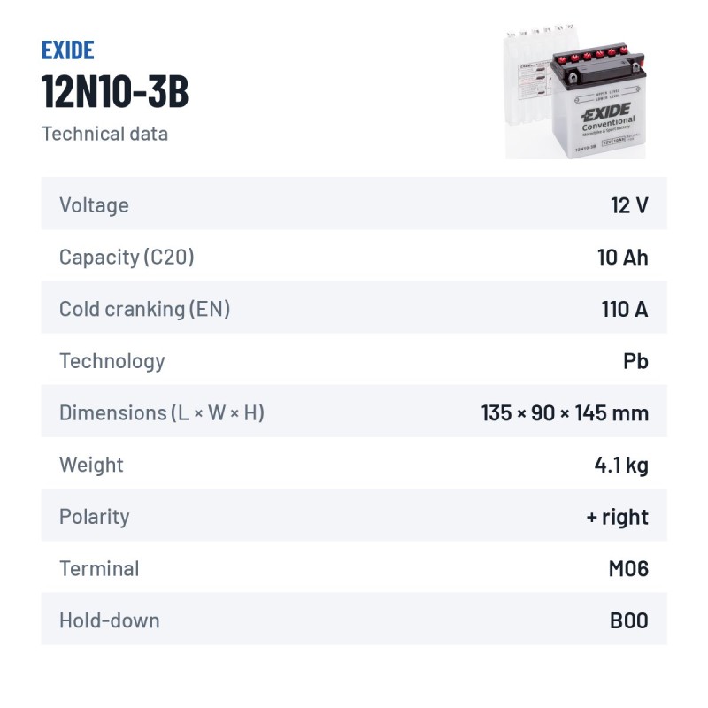 Batterie moto Exide 12N10-3B 12V 10Ah 110A – fiche technique