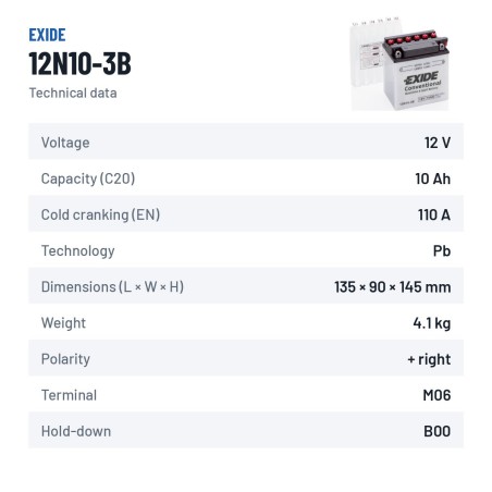 Batterie moto Exide 12N10-3B 12V 10Ah 110A – fiche technique