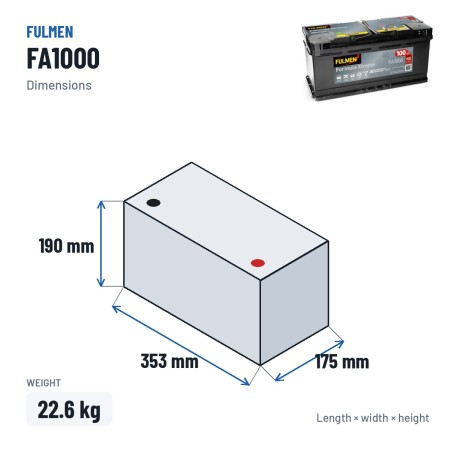 Car battery Fulmen FA1000 12V 100Ah 900A – dimensions 353 × 175 × 190 mm