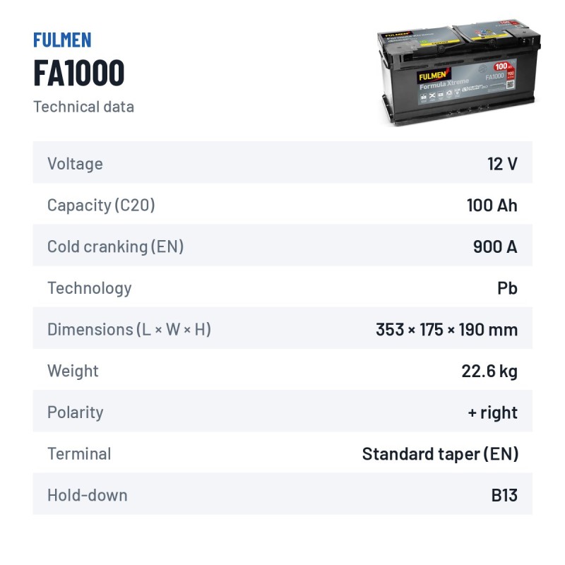 Bateria de carro Fulmen FA1000 12V 100Ah 900A – ficha técnica