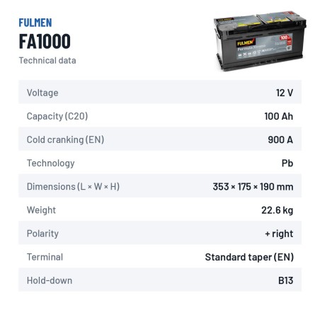 Bateria de carro Fulmen FA1000 12V 100Ah 900A – ficha técnica