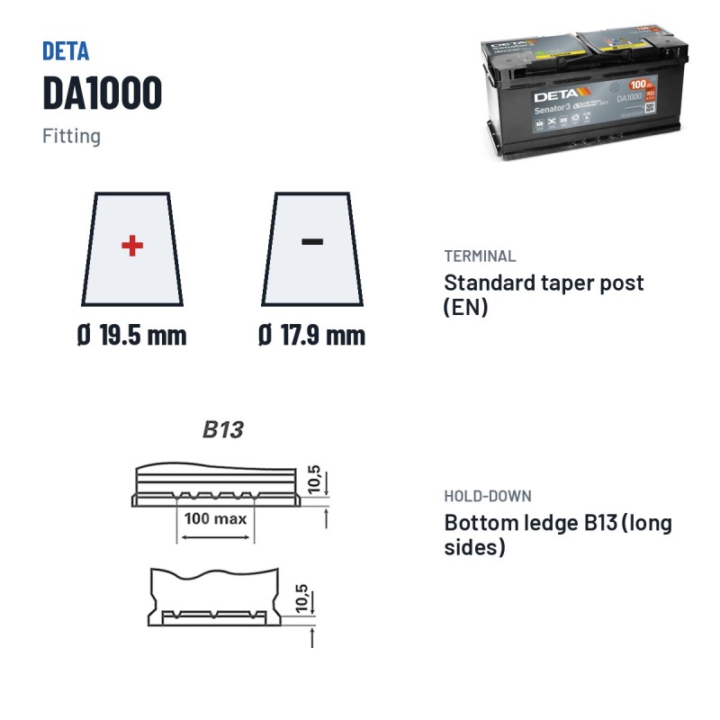 Batería de coche Deta DA1000 12V 100Ah 900A – borne y sujeción