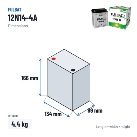 Batteria per rasaerba Fulbat 12N14-4A 14V 14.7Ah 125A – dimensioni 134 × 89 × 166 mm