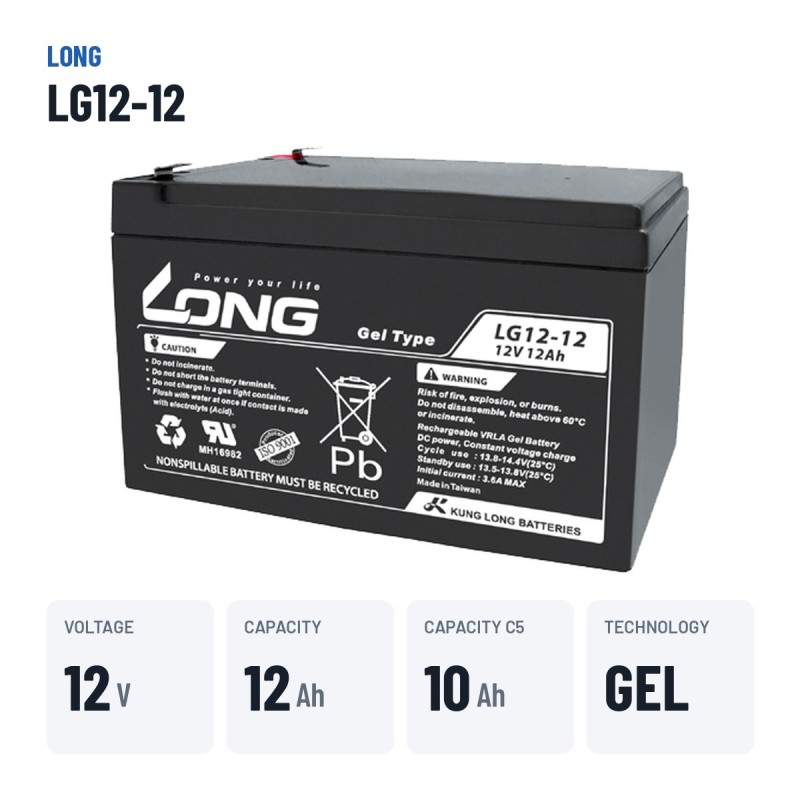 Wheelchair battery Long LG12-12 12V 12Ah GEL – key specs