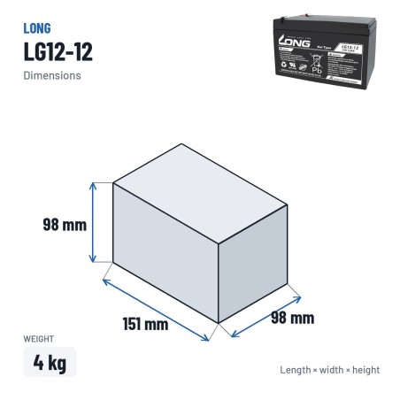 Batterie fauteuil roulant Long LG12-12 12V 12Ah GEL – dimensions 151 × 98 × 98 mm