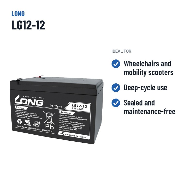 Bateria de cadeira de rodas Long LG12-12 12V 12Ah GEL – utilizações recomendadas