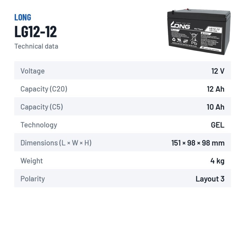 Batteria per carrozzina Long LG12-12 12V 12Ah GEL – scheda tecnica