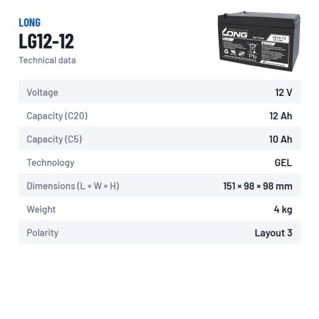 Bateria de cadeira de rodas Long LG12-12 12V 12Ah GEL – ficha técnica