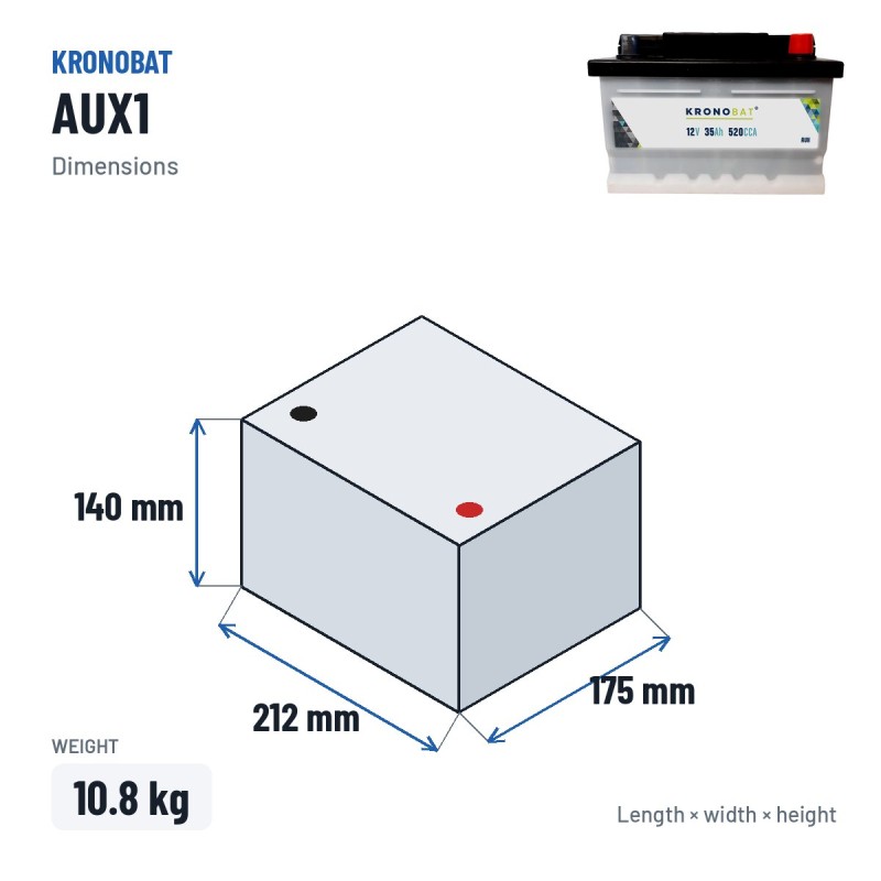 Batteria ausiliaria Kronobat AUX1 12V 35Ah 520A – dimensioni 212 × 175 × 140 mm