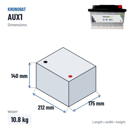 Bateria auxiliar Kronobat AUX1 12V 35Ah 520A – medidas 212 × 175 × 140 mm