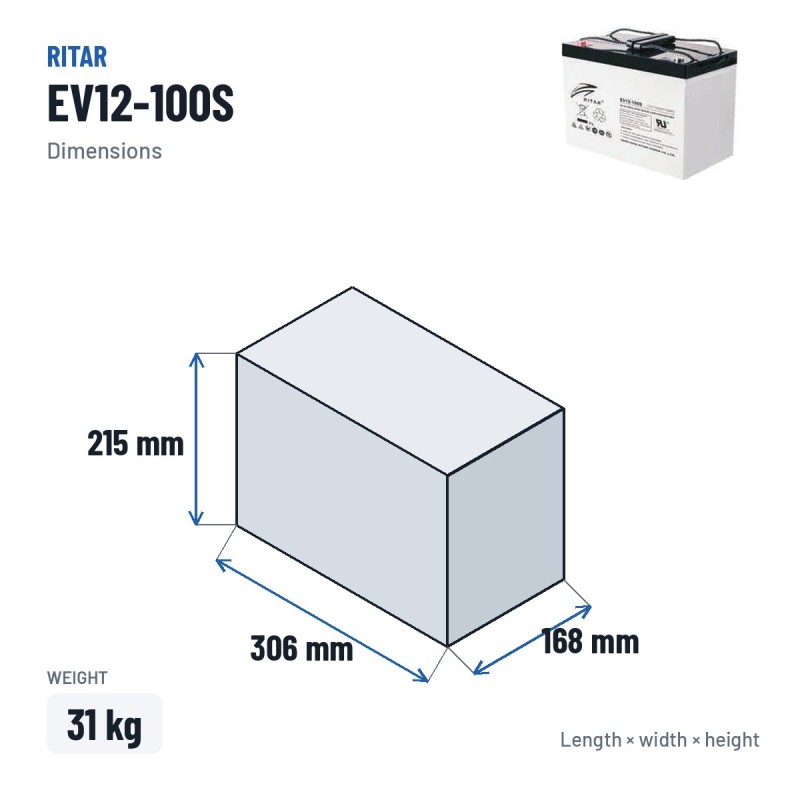 Batteria per lavasciuga Ritar EV12-100S 12V 100Ah 620A AGM – dimensioni 306 × 168 × 215 mm
