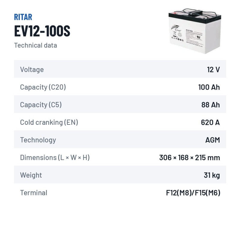 Batterie pour autolaveuse Ritar EV12-100S 12V 100Ah 620A AGM – fiche technique
