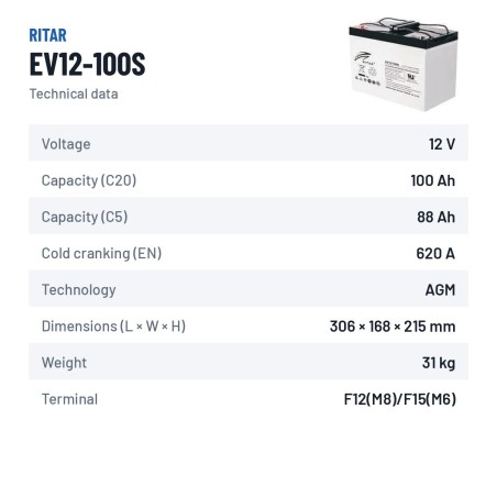 Batterie pour autolaveuse Ritar EV12-100S 12V 100Ah 620A AGM – fiche technique