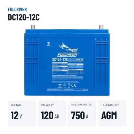 Batería náutica Fullriver DC120-12C 12V 120Ah 750A AGM – datos clave