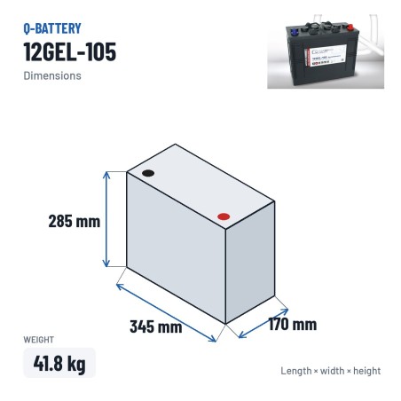 Batería de tracción Q-battery 12GEL-105 12V 105Ah GEL – medidas 345 × 170 × 285 mm