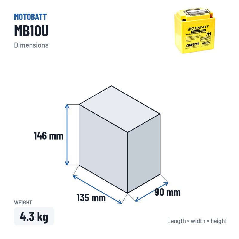 Batteria moto Motobatt MB10U 12V 14.5Ah 175A AGM – dimensioni 135 × 90 × 146 mm