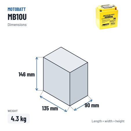 Batteria moto Motobatt MB10U 12V 14.5Ah 175A AGM – dimensioni 135 × 90 × 146 mm
