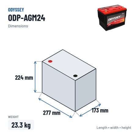 Batería de coche Odyssey ODP-AGM24 63Ah 725A AGM – medidas 277 × 173 × 224 mm
