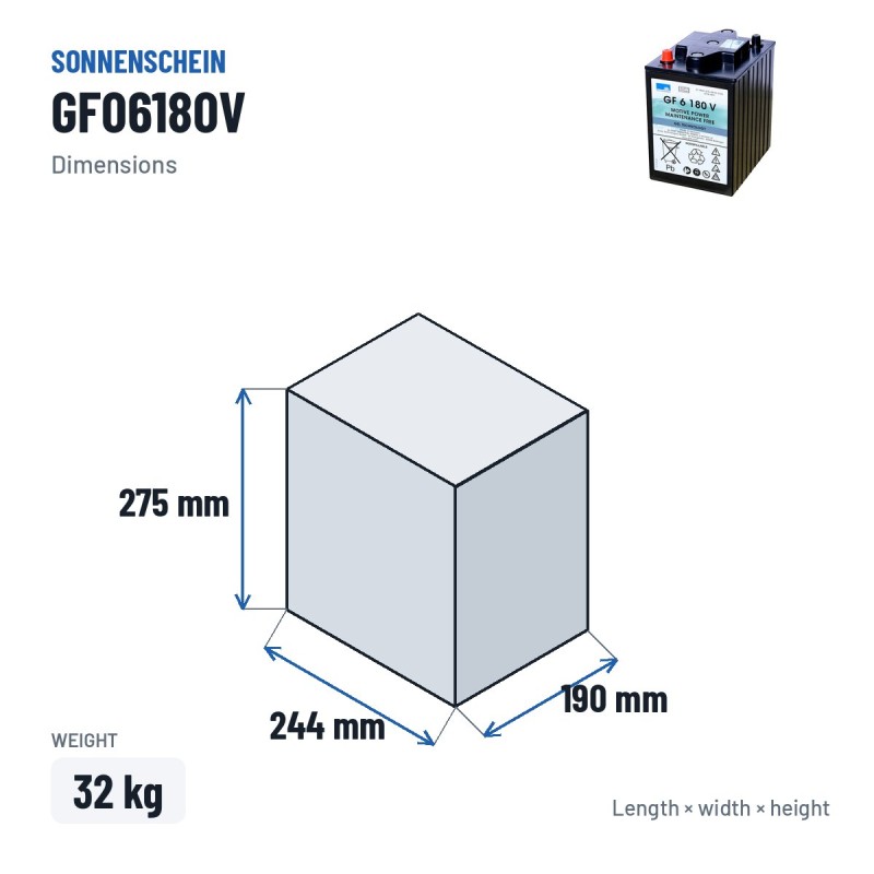 Traction battery Sonnenschein GF06180V 6V 200Ah GEL – dimensions 244 × 190 × 275 mm
