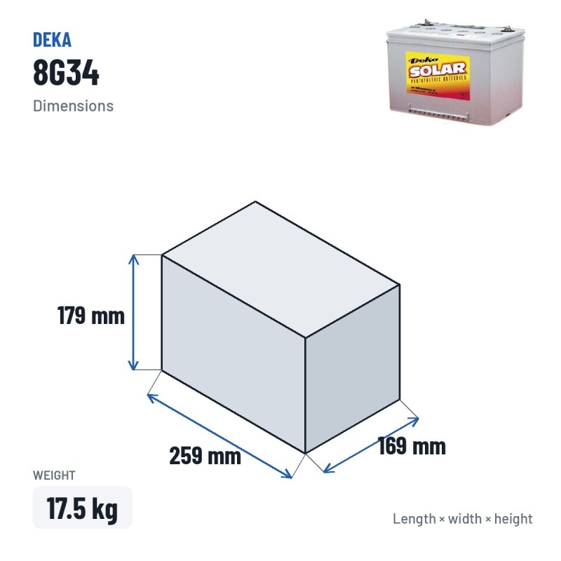 Rollstuhlbatterie Deka 8G34 12V 60Ah GEL – Abmessungen 259 × 169 × 179 mm