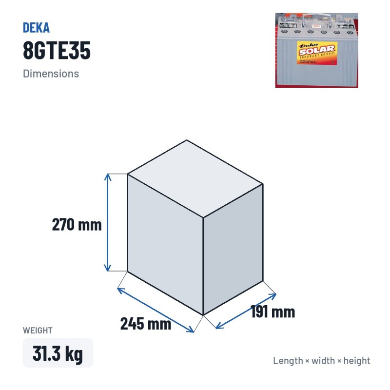 Wheelchair battery Deka 8GTE35 6V 196Ah GEL – dimensions 245 × 191 × 270 mm