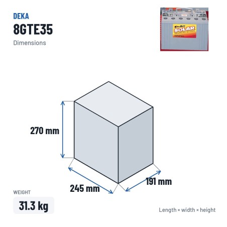 Wheelchair battery Deka 8GTE35 6V 196Ah GEL – dimensions 245 × 191 × 270 mm