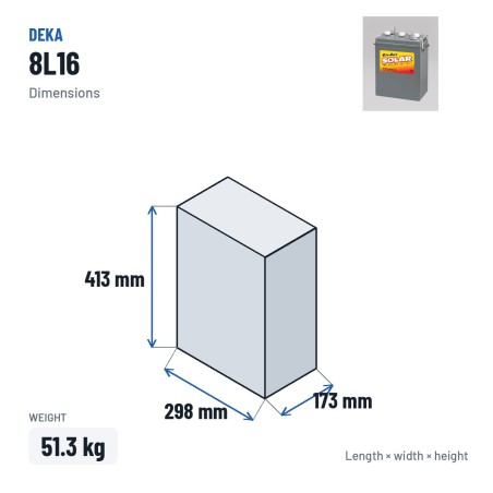 Bateria de cadeira de rodas Deka 8L16 6V 370Ah – medidas 298 × 173 × 413 mm