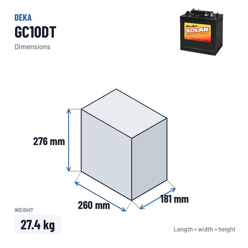 Bateria de cadeira de rodas Deka GC10DT 6V 215Ah – medidas 260 × 181 × 276 mm