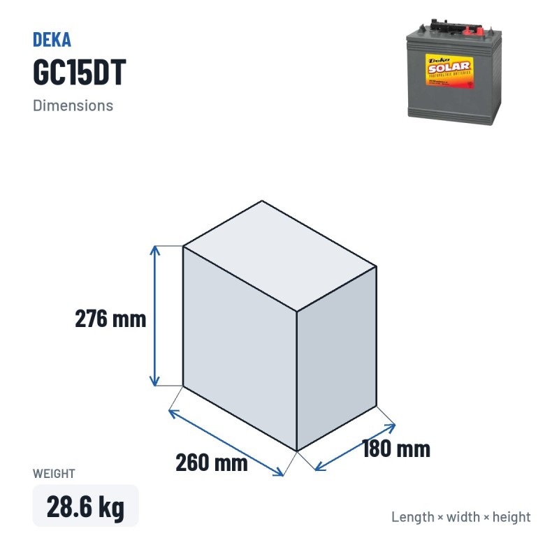 Batterie fauteuil roulant Deka GC15DT 6V 230Ah – dimensions 260 × 180 × 276 mm