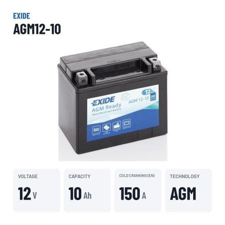 Motorcycle battery Exide AGM12-10 12V 10Ah 150A AGM – key specs