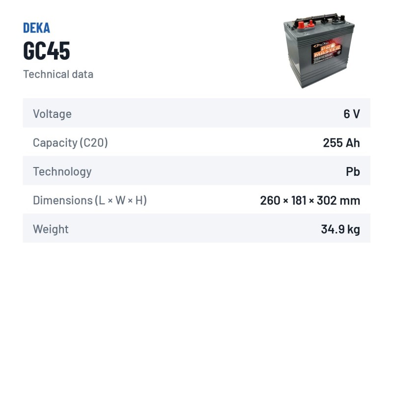 Bateria de cadeira de rodas Deka GC45 6V 255Ah – ficha técnica