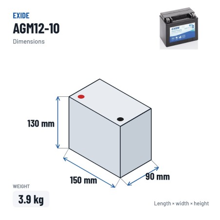 Motorcycle battery Exide AGM12-10 12V 10Ah 150A AGM – dimensions 150 × 90 × 130 mm