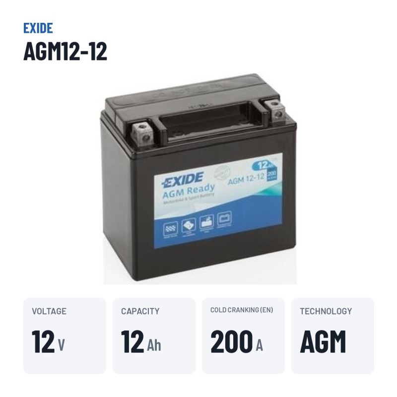 Motorcycle battery Exide AGM12-12 12V 12Ah 200A AGM – key specs