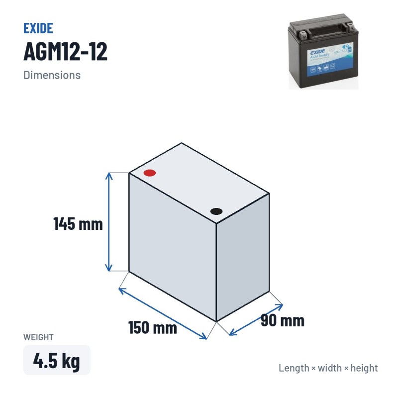 Motorcycle battery Exide AGM12-12 12V 12Ah 200A AGM – dimensions 150 × 90 × 145 mm