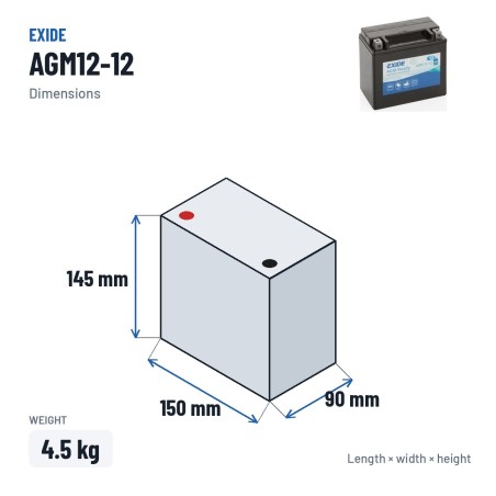 Motorcycle battery Exide AGM12-12 12V 12Ah 200A AGM – dimensions 150 × 90 × 145 mm