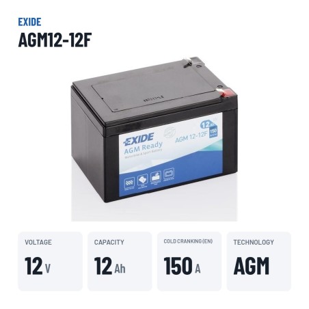 Motorcycle battery Exide AGM12-12F 12V 12Ah 150A AGM – key specs