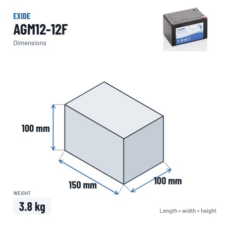 Motorcycle battery Exide AGM12-12F 12V 12Ah 150A AGM – dimensions 150 × 100 × 100 mm