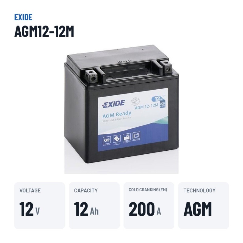 Bateria de mota Exide AGM12-12M 12V 12Ah 200A AGM – dados principais