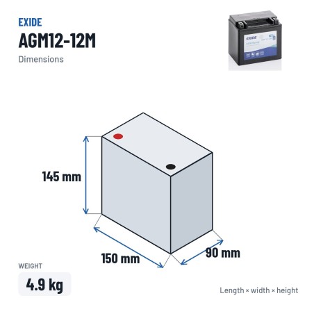 Motorradbatterie Exide AGM12-12M 12V 12Ah 200A AGM – Abmessungen 150 × 90 × 145 mm