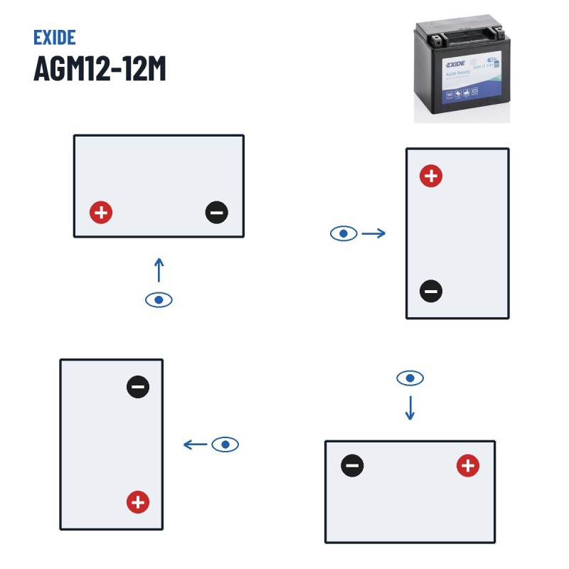 Bateria de mota Exide AGM12-12M 12V 12Ah 200A AGM – polaridade (esquema 1, + esquerda)