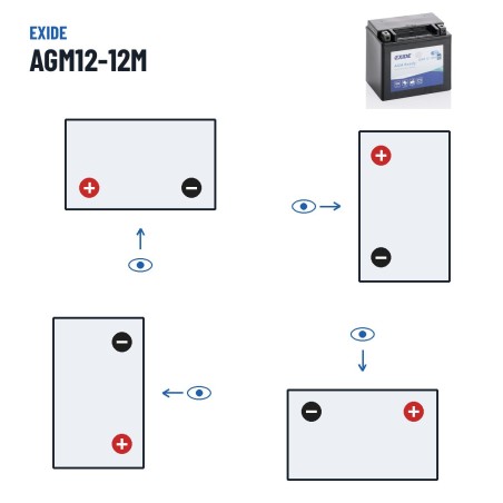 Bateria de mota Exide AGM12-12M 12V 12Ah 200A AGM – polaridade (esquema 1, + esquerda)