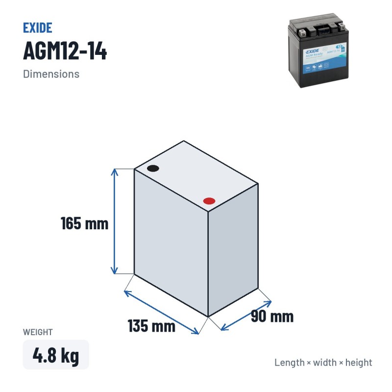 Motorradbatterie Exide AGM12-14 12V 12Ah 210A AGM – Abmessungen 135 × 90 × 165 mm