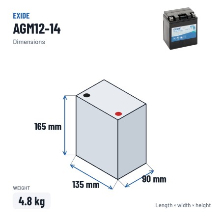 Batteria moto Exide AGM12-14 12V 12Ah 210A AGM – dimensioni 135 × 90 × 165 mm