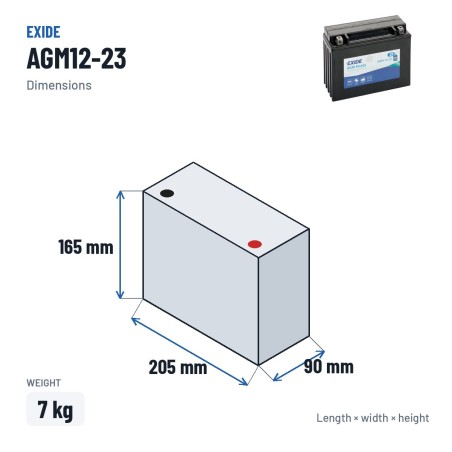 Batteria moto Exide AGM12-23 12V 21Ah 350A AGM – dimensioni 205 × 90 × 165 mm