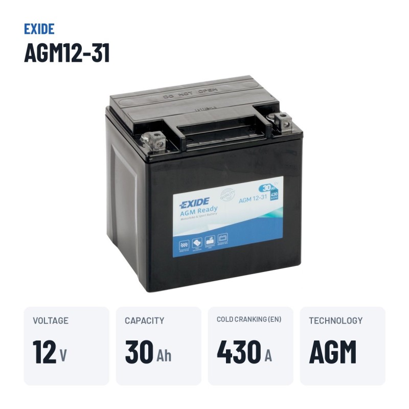 Motorradbatterie Exide AGM12-31 12V 30Ah 430A AGM – wichtigste Daten