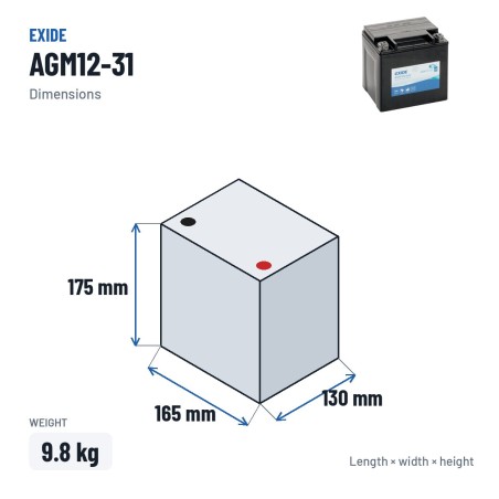 Motorradbatterie Exide AGM12-31 12V 30Ah 430A AGM – Abmessungen 165 × 130 × 175 mm