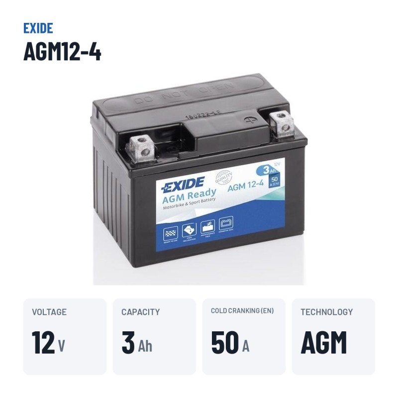 Bateria de mota Exide AGM12-4 12V 3Ah 50A AGM – dados principais