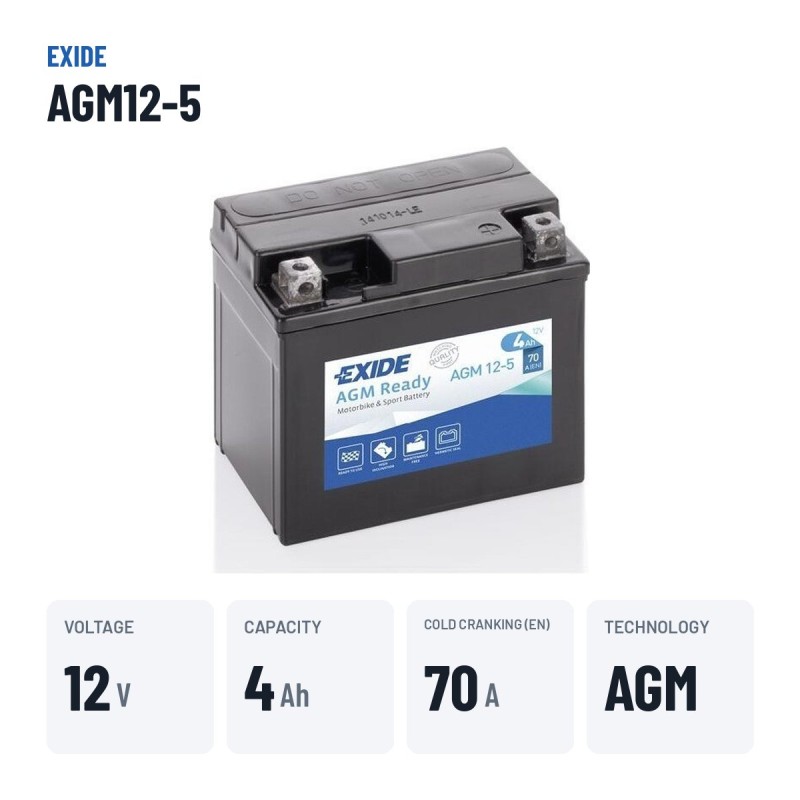 Bateria de mota Exide AGM12-5 12V 4Ah 70A AGM – dados principais
