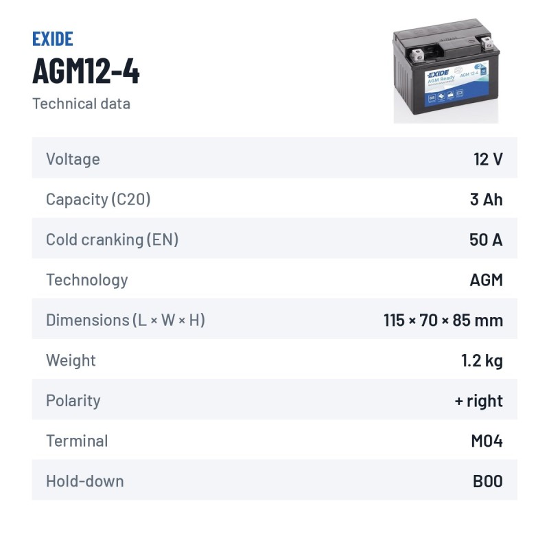 Bateria de mota Exide AGM12-4 12V 3Ah 50A AGM – ficha técnica