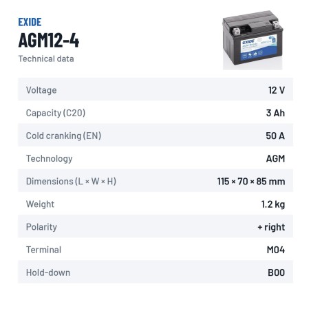 Bateria de mota Exide AGM12-4 12V 3Ah 50A AGM – ficha técnica